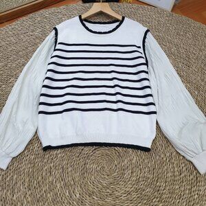 White Black Stripe Knit Puff Sleeve Crewneck Sweater Nautical Chic 🖤